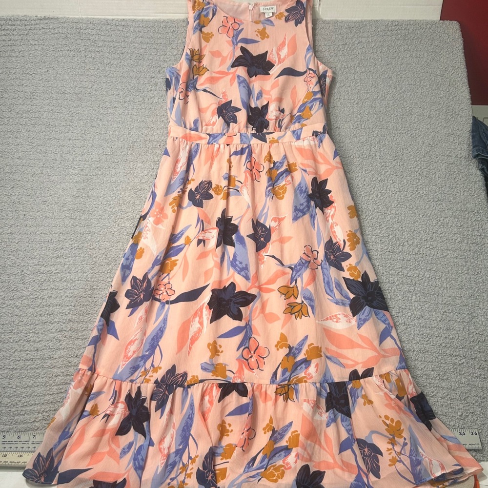 J.Crew Midi Dress Floral Tiered Chiffon 0 Peach Pink Sleeveless Wedding Guest